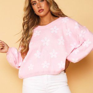 Peach Love California Pink Flower Bubble Sleeve Sweater
